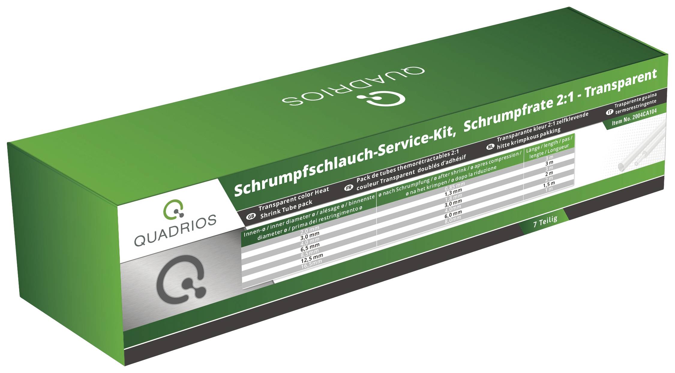 Emballage vert d'un kit de gaines thermorétractables de QUADRIOS, avec des tubes transparents, taux de rétraction 2:1, sept pièces.