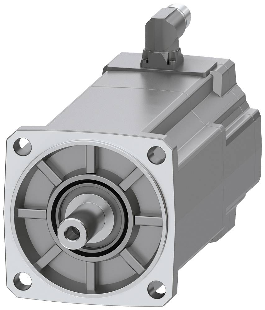 Un moteur électrique compact, gris, avec une plaque de fixation carrée et un axe visible.