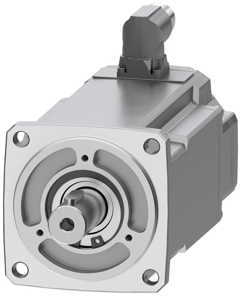 Un moteur électrique argenté avec des parties rotatives et un raccordement en haut, typique des applications industrielles.