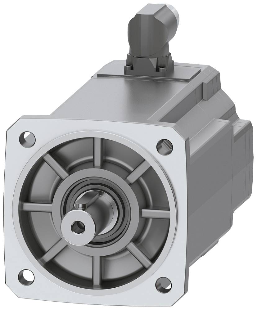 Moteur électrique gris et jaune en représentation 3D. La vue de face montre la plaque de fixation avec un arbre centrique et des trous de vis.