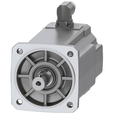 Moteur électrique gris et jaune en représentation 3D. La vue de face montre la plaque de fixation avec un arbre centrique et des trous de vis.
