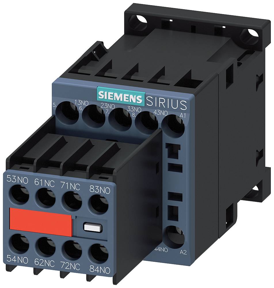 L'image montre un contacteur Siemens SIRIUS, un appareil électrique utilisé pour le contrôle des moteurs et d'autres applications industrielles.