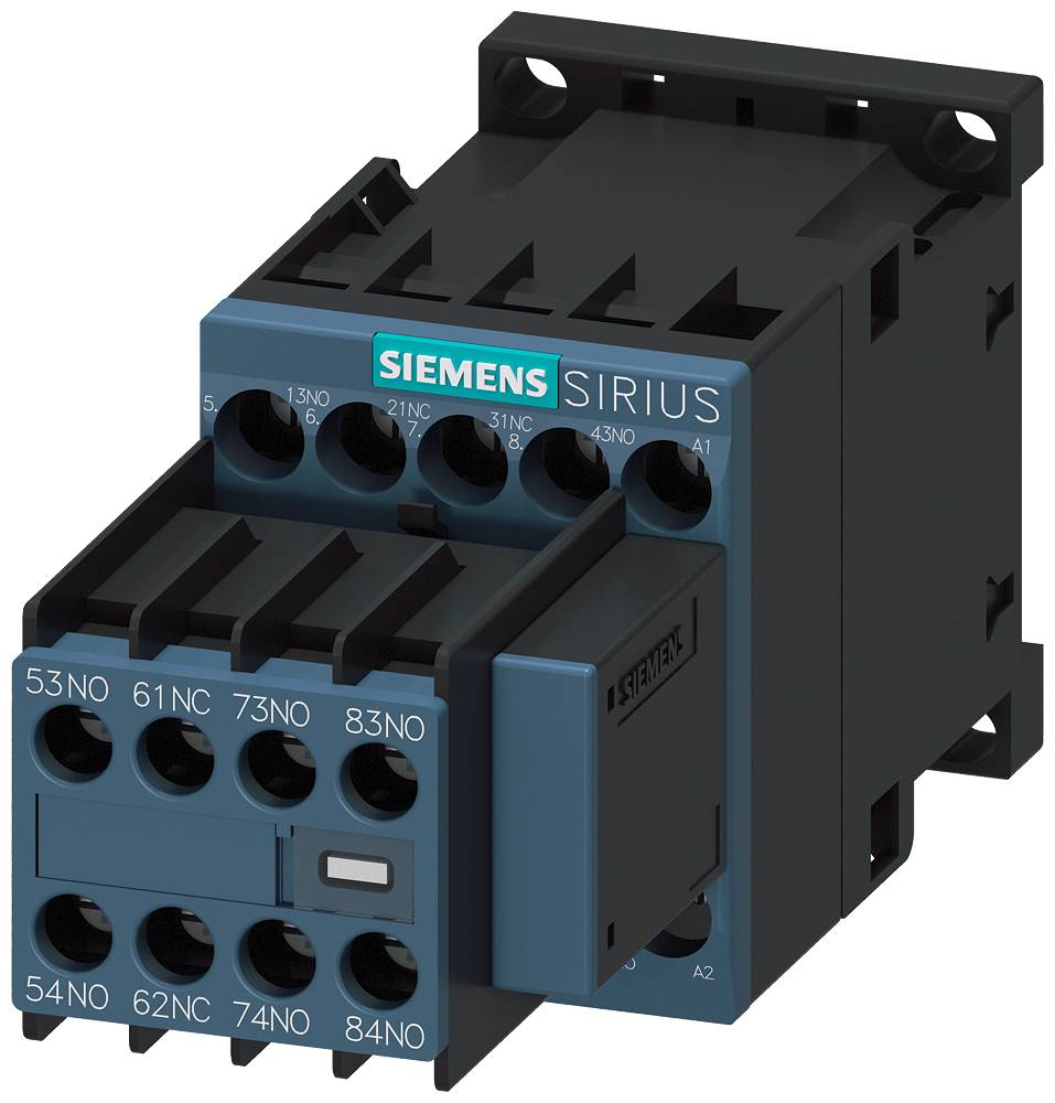 Un contacteur électrique de la marque 'Siemens Sirius' avec huit bornes de connexion, boîtier noir et façade bleue.