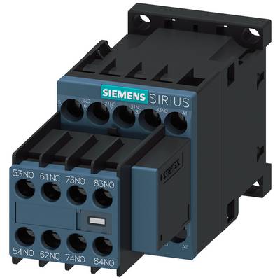 Un contacteur électrique de la marque 'Siemens Sirius' avec huit bornes de connexion, boîtier noir et façade bleue.