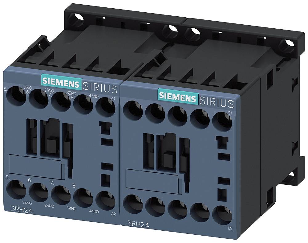 Deux contacteurs Siemens Sirius, montés côte à côte, avec des connexions et des étiquettes 3RH24 identifiables, pour le contrôle de circuits électriques.