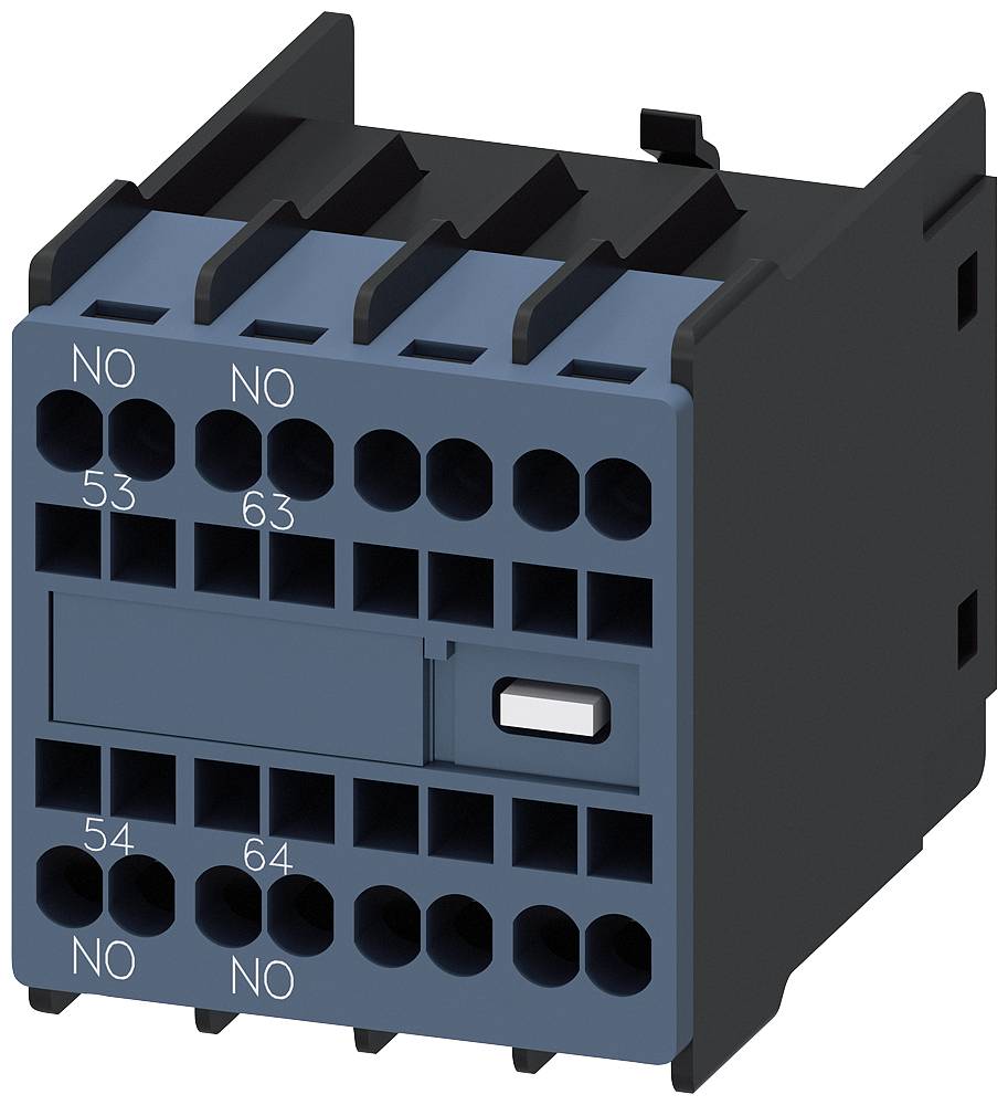 Illustration d'un relais électrique avec plusieurs bornes de connexion, étiquettes des bornes : « NO », « 53 », « 63 », « 54 », « 64 ».