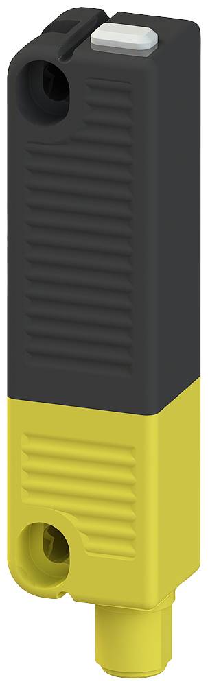 Un interrupteur rectangulaire bicolore noir et jaune aux bords arrondis, avec un petit bouton-poussoir blanc sur le dessus.