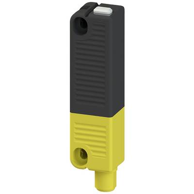 'Un capteur rectangulaire bicolore avec une surface jaune et noire, un connecteur rond en bas et un bouton blanc en haut.'