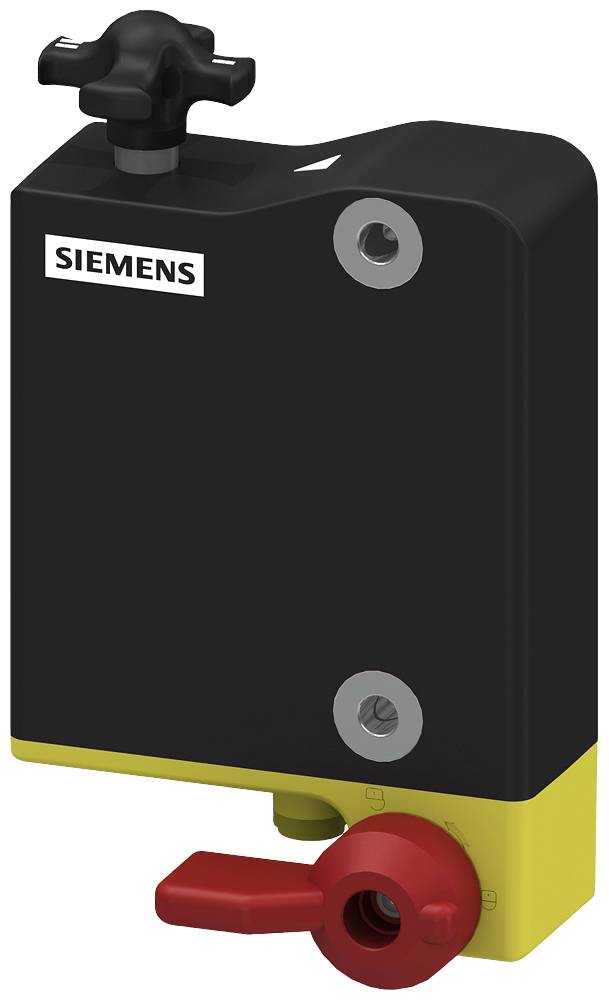 Un boîtier de sécurité Siemens noir avec un socle jaune et un dispositif rouge.