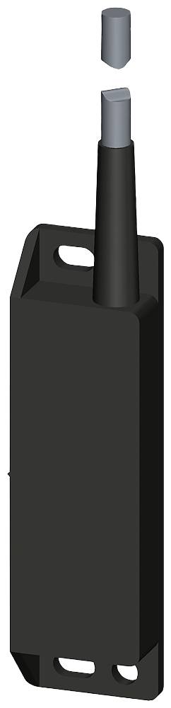 Un couvercle noir rectangulaire est ouvert, révélant un cylindre gris avec une pointe conique.