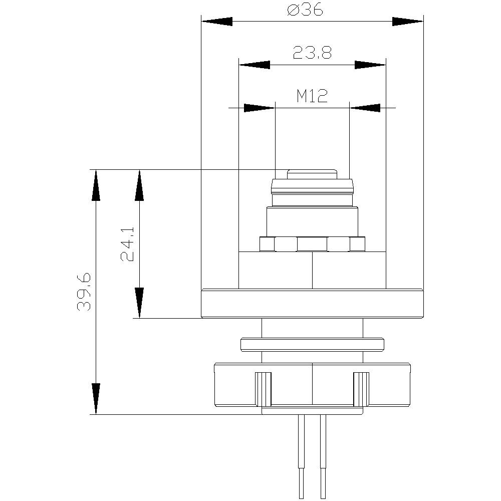 Dessin technique d'un composant cylindrique avec un filetage M12. Dimensions : diamètre 36 mm, hauteur 39,6 mm, distance 23,8 mm.