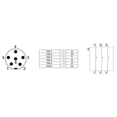 Connecteur DIN 6 broches indiquant le plan de câblage : Broche 1 vers 21, Broche 2 vers 22, Broche 3 vers 11, Broche 4 vers 12, Broche 5 vers 31, Broche 6 vers 32.