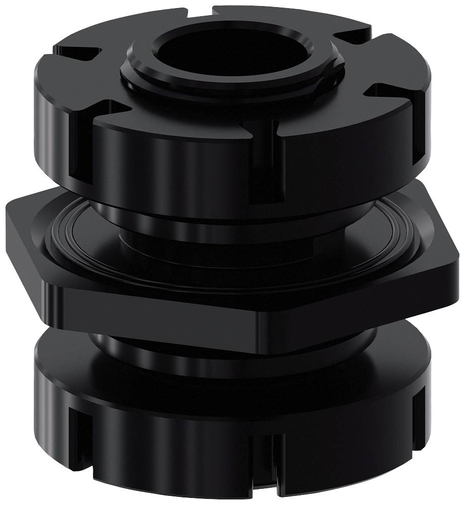 Presse-étoupe noir en deux parties avec base carrée et corps strié, adapté aux applications industrielles.