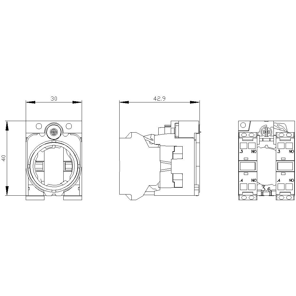 Dessin technique d'un composant électrique avec vue de face et vue latérale, montrant des dimensions détaillées : 30x40 et largeur de 42,9.