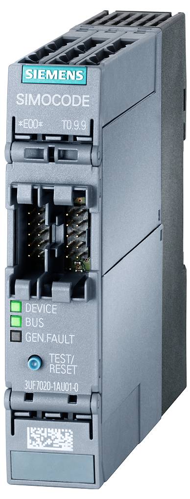 Un module Siemens SIMOCODE avec voyants lumineux pour 'DEVICE', 'BUS', et 'GEN.FAULT'. Domaine d'application : Systèmes de commande industriels.