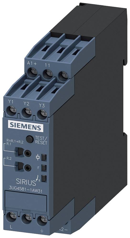 Relais de surveillance industriel Siemens SIRIUS 3UG4581-1AW31 de couleur bleue, avec plusieurs options de connexion.