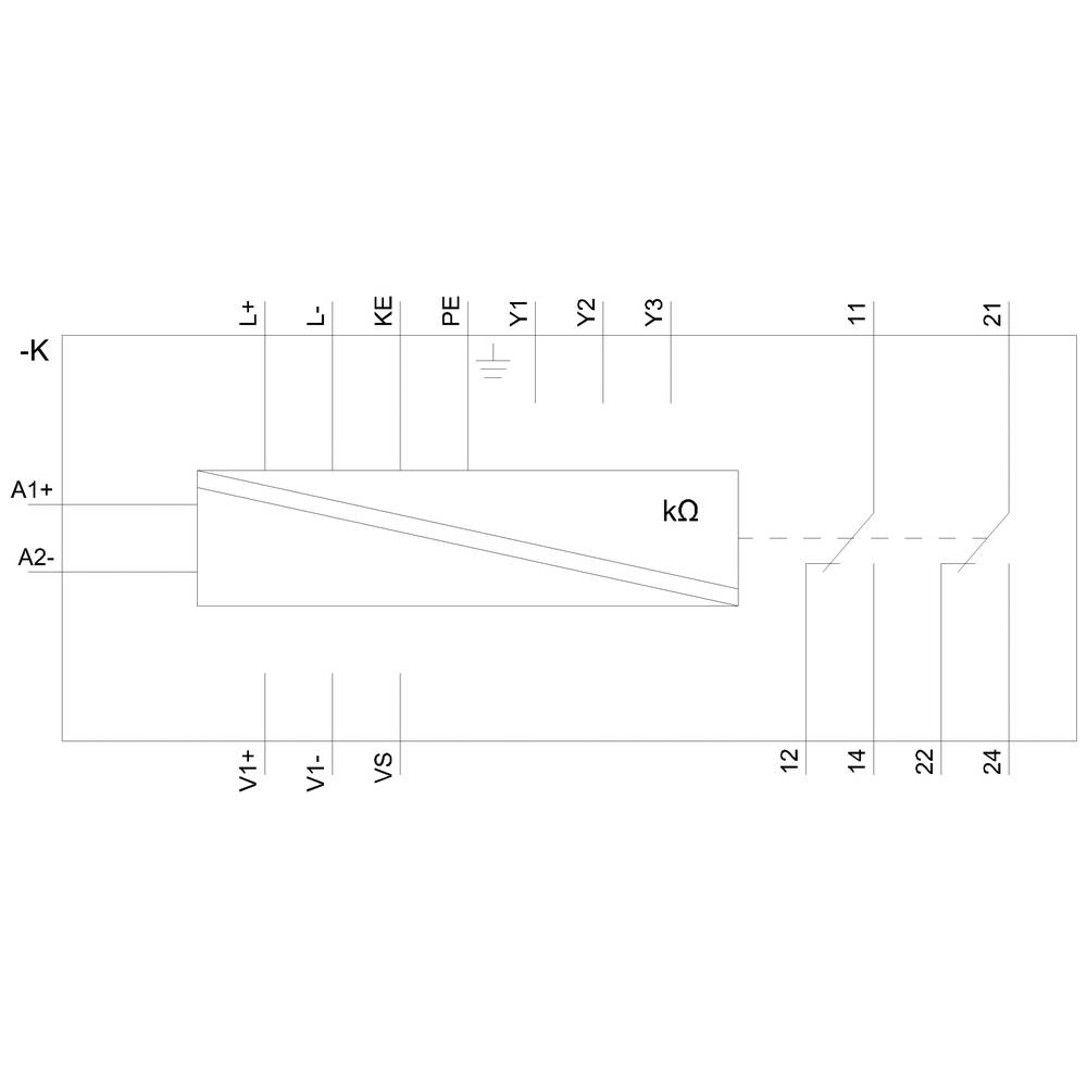 Diagramme d'un schéma électrique avec connexions : A1+, A2-, bornes L+, L−, KE, PE, Y1 à Y4 ; résistance indiquée en kΩ.