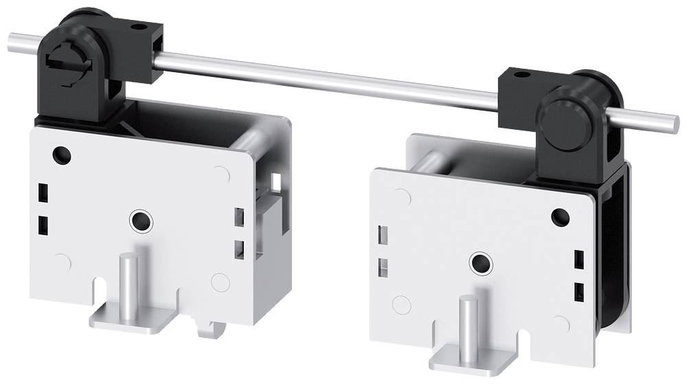 Deux supports en plastique blanc avec des pièces de jonction cylindriques noires et une tige métallique, adaptables aux surfaces de meubles.