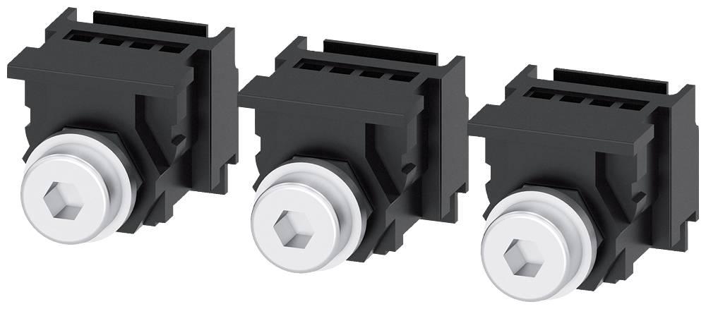 Trois connecteurs noirs avec des têtes de vis hexagonales en argent, disposés côte à côte.