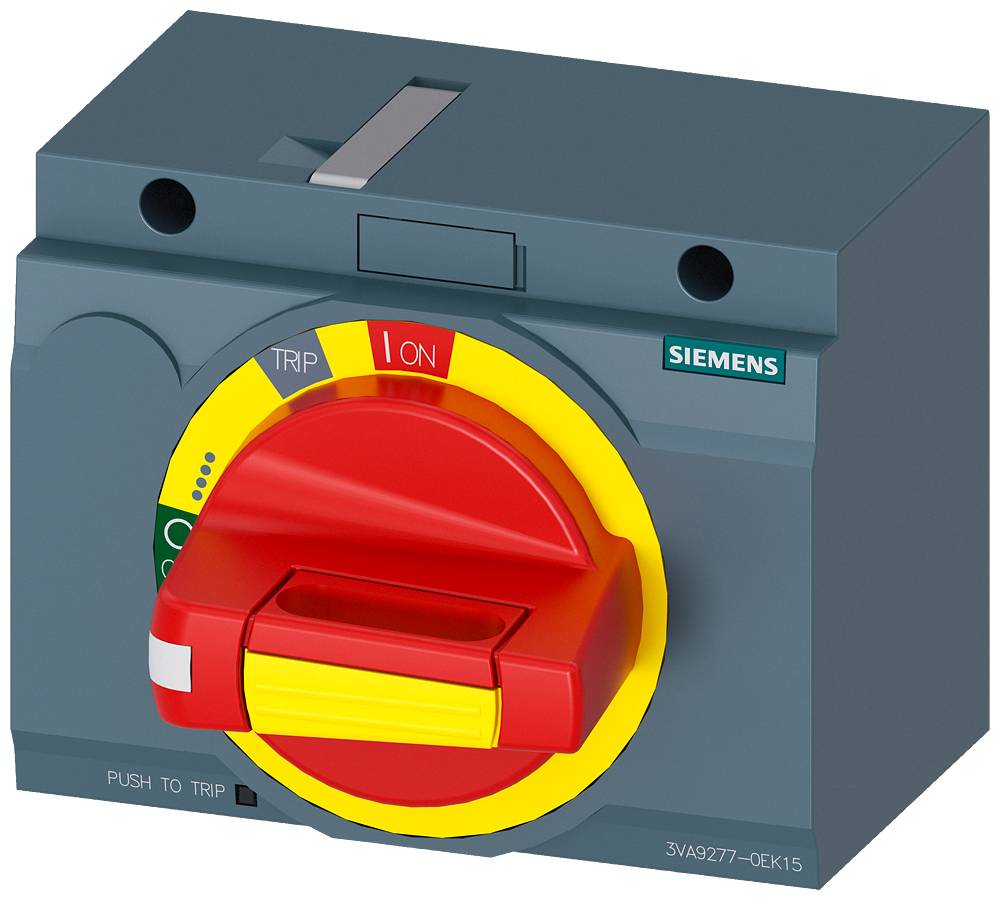 Un interrupteur de sécurité Siemens gris avec un levier rouge et un marquage jaune. Le levier est en position 'MARCHE'.