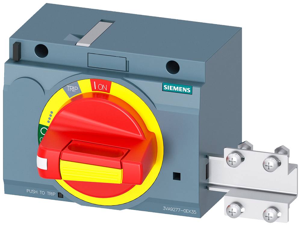 Un sectionneur de charge Siemens avec un levier rouge, une base jaune et des marquages verts et rouges indiquant les états de fonctionnement.