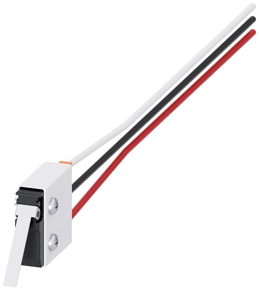 Un micro-interrupteur électrique avec trois câbles saillants en noir, blanc et rouge. L'interrupteur est logé dans un boîtier blanc.
