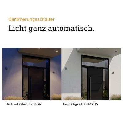 Comparaison d'un détecteur crépusculaire : à l'obscurité la lumière est allumée, à la clarté elle est éteinte ; présenté à une entrée de maison avec le texte « La lumière complètement automatique. »