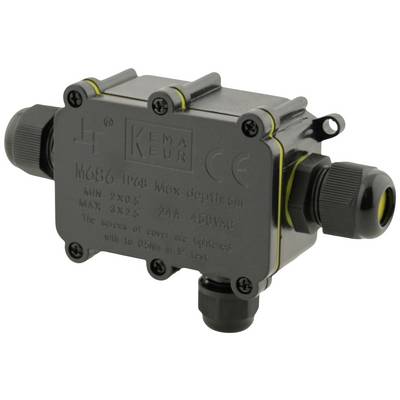 Un connecteur de câble noir étanche avec des bornes à vis, adapté aux installations électriques, étiqueté avec ses spécifications.