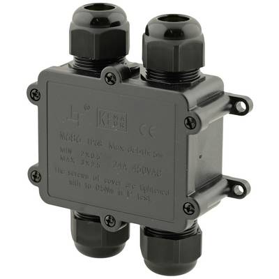 Boîte de connexion rectangulaire noire avec quatre presse-étoupes et marquages 'IP68', 'Profondeur max : 0,5 m', '24A 450VAC'.