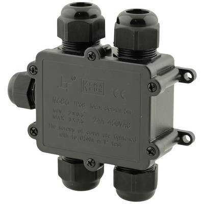 Boîte de distribution électrique avec trois connexions de câbles, étanche (IP68) et certifiée selon KEMA-Keur. Tension maximale : 24A 450V AC.