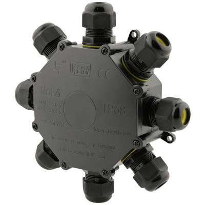 Boîte de jonction étanche noire avec plusieurs presse-étoupes, adaptée aux connexions électriques, degré de protection IP68.