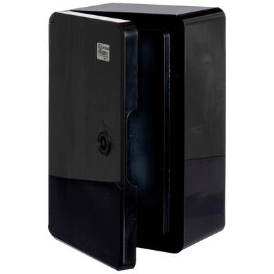 Un conteneur noir et brillant avec une ouverture partielle sur l'avant, adapté pour ranger des objets.