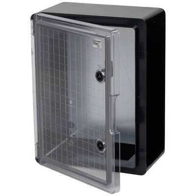 Un boîtier en plastique noir avec une porte rabattable transparente. Adapté au rangement ou à la protection des appareils électroniques.