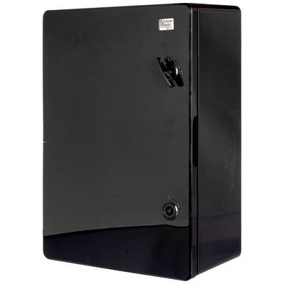 Boîte métallique noire avec interrupteur et petit hublot, probablement un appareil électrique ou technique.
