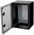 Un petit coffre-fort noir ouvert avec une porte transparente. L'intérieur est vide et montre des parois métalliques. La porte a deux serrures.