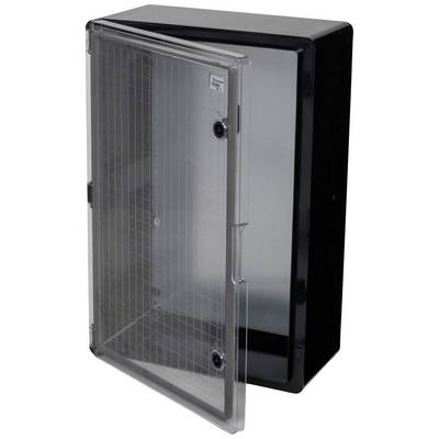 Boîte noire en plastique avec une porte transparente en forme de grille, légèrement entrouverte.