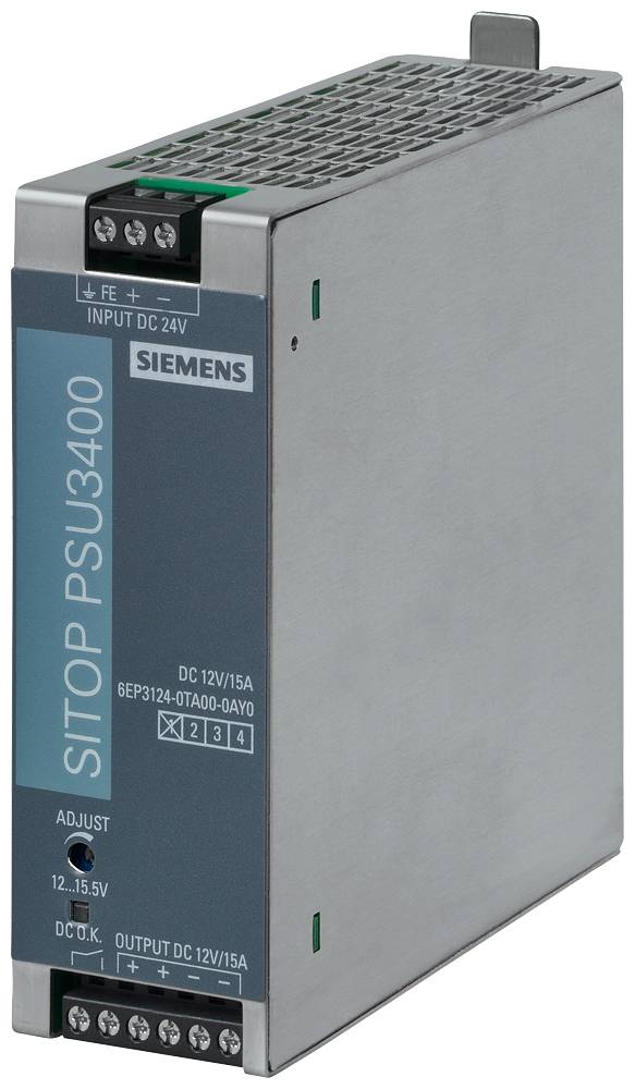 Alimentation industrielle Siemens SITOP PSU3400, CC 12V/15A. Boîtier métallique rectangulaire avec ailettes de refroidissement sur le dessus, indicateurs à l'avant.
