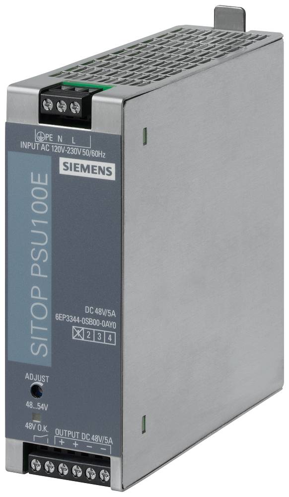 Unité d'alimentation électrique 'SITOP PSU100E' de Siemens avec entrée AC 120-230V et sortie DC 48V/5A.