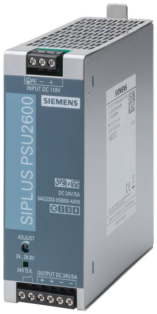 L'image montre un bloc d'alimentation Siemens SIPLUS PSU2600 avec une sortie de 24 V et 5 A, adapté pour une tension d'entrée de 110 V.