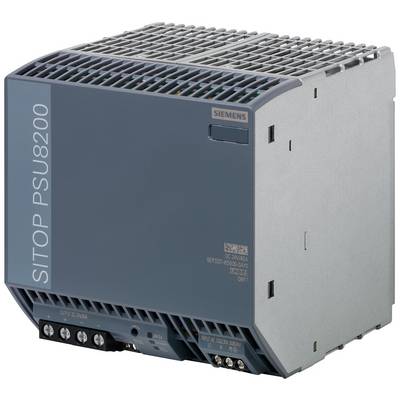 Un bloc d'alimentation Siemens SITOP PSU8200 gris, vue de côté, avec des fentes de ventilation en haut et des connexions électriques en bas.