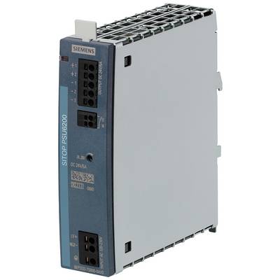 Un appareil gris Siemens avec un avant-plan bleu et une grille de ventilation. Inscription : 'SITOP PSU6200'. Emplacements et informations techniques visibles.