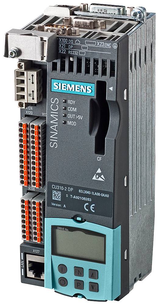 Un convertisseur Sinamics de Siemens, modèle CU310-2 DP, avec affichage et connexions, pour le contrôle des moteurs électriques.