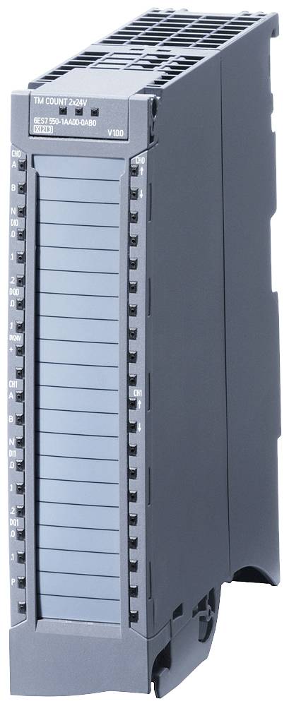 Un dispositif électronique noir rectangulaire avec plusieurs ports d'entrée et de sortie, probablement un compteur ou un module destiné à une utilisation industrielle.