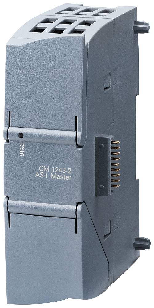 Module industriel de couleur grise, étiqueté 'CM 1243-2 AS-i Master', montrant des connexions latérales et des fentes de ventilation supérieures.