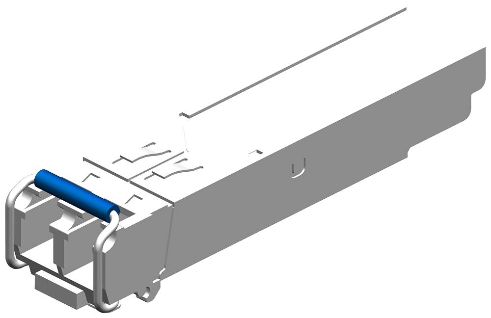 Un module SFP argenté avec une poignée bleue, utilisé pour connecter des équipements réseau via des câbles à fibre optique ou en cuivre.