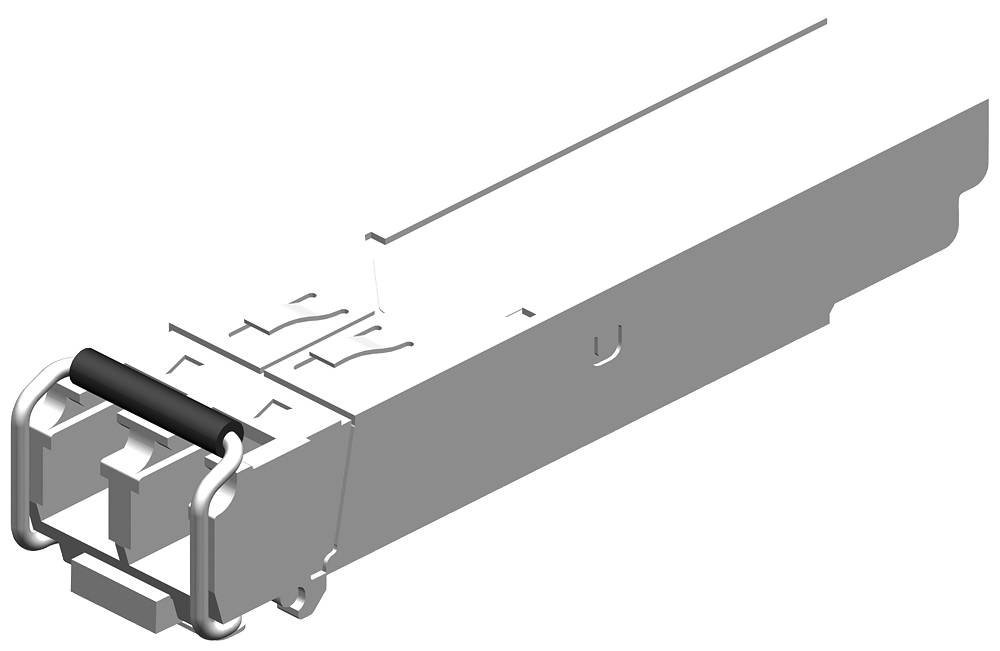 Module SFP pour réseaux, forme rectangulaire avec cadre métallique et connecteur, représenté dans un style monochrome.