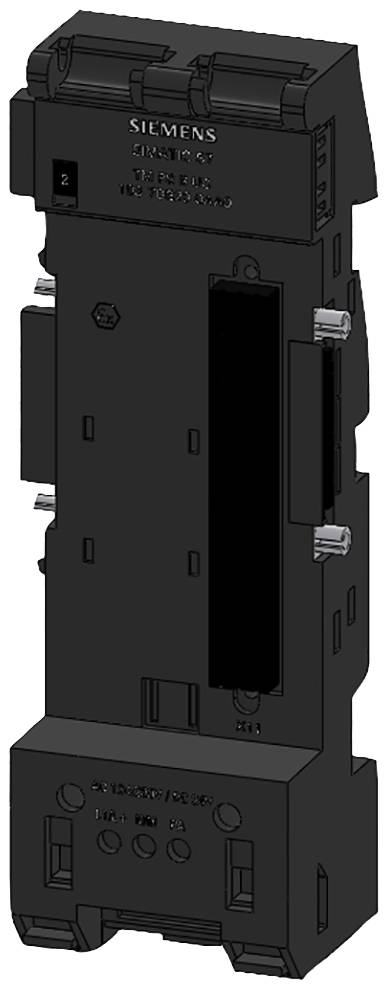 Bloc de sécurité électrique pour tableaux de distribution, orienté verticalement, montrant les emplacements de montage et de connexion. Exécution en plastique noir.