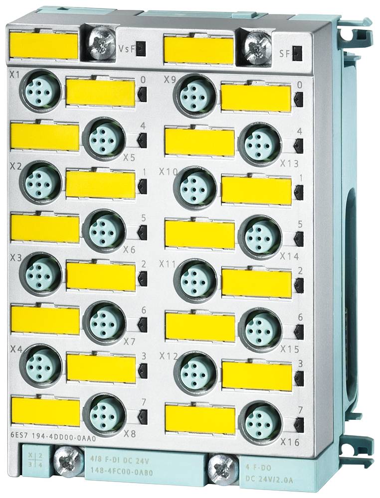 Un dispositif électrique avec plusieurs connexions rondes enfichables et des marquages jaunes sur une surface grise.
