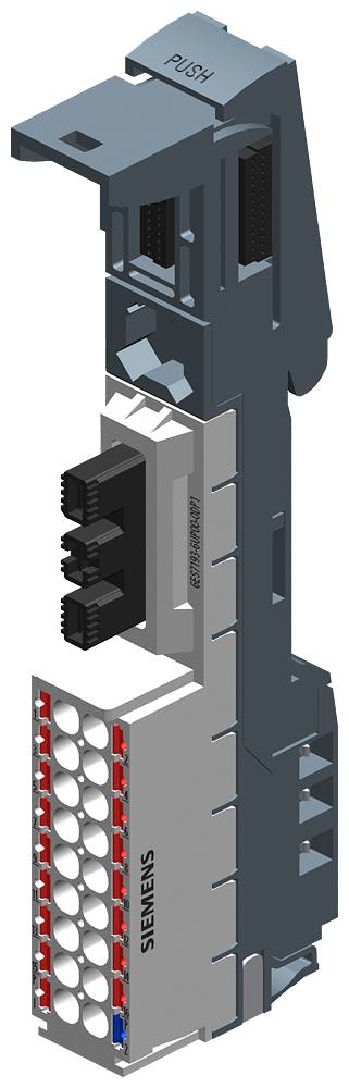 Un module électronique avec un boîtier argenté et noir de Siemens, doté de plusieurs connexions et d'un champ d'étiquetage.