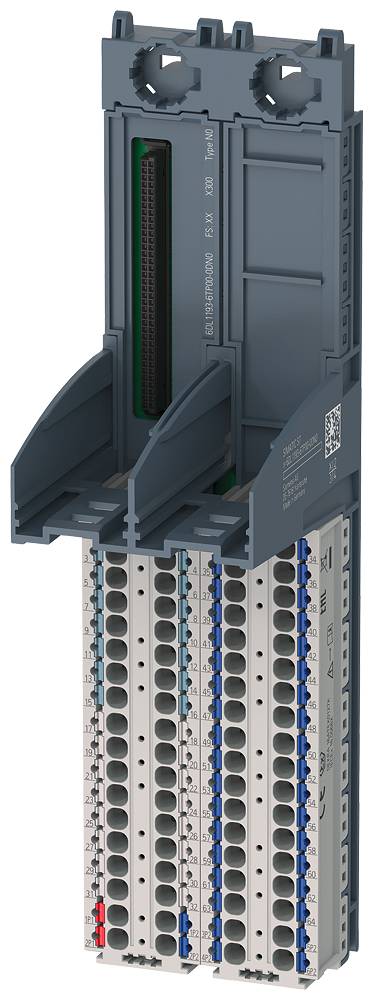 Un connecteur électrique gris avec de nombreuses bornes de connexion verticales. Le dessus présente deux ouvertures rondes, probablement pour le montage.